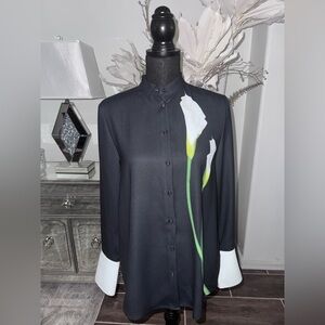 Black Button-Up Shirt with Floral Design